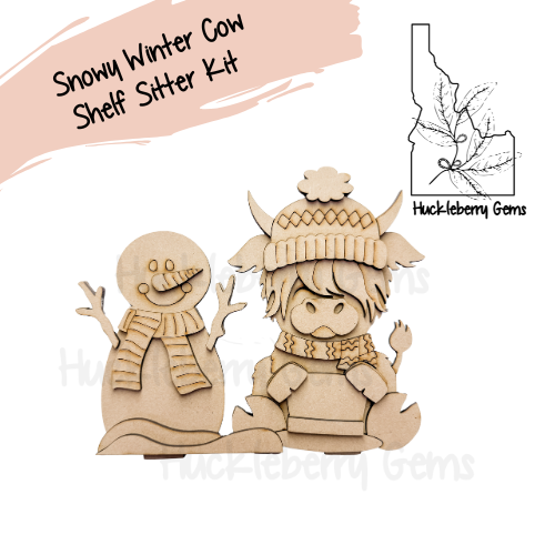 Snowy Winter Cow Shelf Sitter